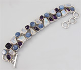 Браслет с кианитами, сливовыми аметистами и лунным камнем Серебро 925
