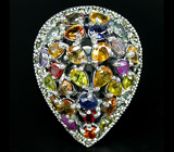 Массивное кольцо с разноцветными сапфирами Серебро 925