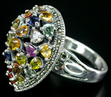 Массивное кольцо с разноцветными сапфирами Серебро 925