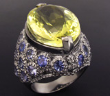 Крупное кольцо с лимонным цитрином и танзанитами Серебро 925