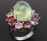 Кольцо с кабошоном пренита и разноцветными шпинелями Серебро 925