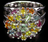 Праздничное кольцо с разноцветными сапфирами Серебро 925