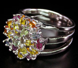 Праздничное кольцо с разноцветными сапфирами Серебро 925