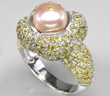 Изысканное кольцо с розово-кремовой жемчужиной и цитринами Серебро 925