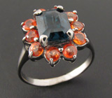 Черненое кольцо с топазом и оранжевыми сапфирами Серебро 925