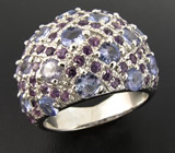 Широкое кольцо с танзанитами и аметистами Серебро 925