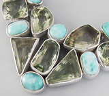 Колье с ларимаром и зелеными аметистами Серебро 925