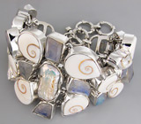 Массивный браслет с раковниами SHIVA, пузырчатым жемчугом и лабрадоритами Серебро 925