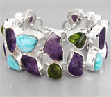 Браслет с грубообработанными  аметистами, перидотами и ларимаром Серебро 925