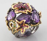 Кольцо с аметистами, цаворитами, сапфирами и рубинами Серебро 925