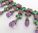 Колье с бриолетами аметистов, сапфирами, родолитами и цаворитами гранатами Серебро 925