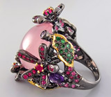 Крупное кольцо с розовым кварцем, сапфирами, аметистами и цаворитами Серебро 925