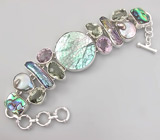 Браслет с абалоном, аметистами, празиолитами и пузырчатым жемчугом Серебро 925