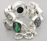 Браслет с абалоном, аметистами, празиолитами и пузырчатым жемчугом Серебро 925