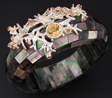 Браслет с инкрустацией радужным перламутром, золотистым цитрином и сапфирами Серебро 925