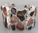 Широкий браслет с рутиловым кварцем, пузырчатым жемчугом и гранатами Серебро 925