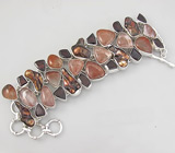 Широкий браслет с рутиловым кварцем, пузырчатым жемчугом и гранатами Серебро 925