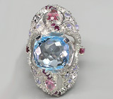 Превосходное крупное кольцо с топазом, турмалинами, танзанитами и сапфирами Серебро 925