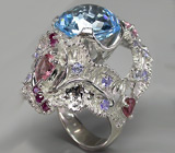 Превосходное крупное кольцо с топазом, турмалинами, танзанитами и сапфирами Серебро 925