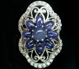 Замечательное кольцо с кабошонами синих сапфиров Серебро 925