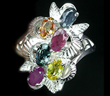 Замечательное кольцо с разноцветными сапфирами Серебро 925