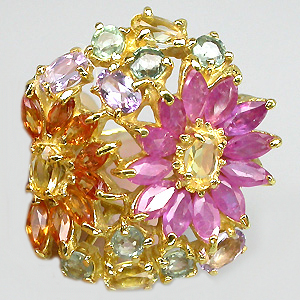 Роскошное кольцо из коллекции "Mia" с аметистами, цитринами и разноцветными сапфирами