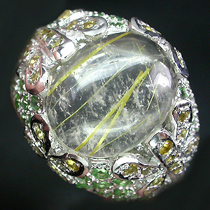 Превосходное кольцо с золотистым рутиловым кварцем, гранатами и цитринами