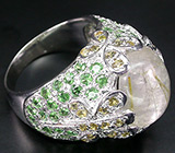 Превосходное кольцо с золотистым рутиловым кварцем, гранатами и цитринами Серебро 925