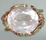 Замечательное кольцо с розовым кварцем, цаворитами гранатами и сапфирами Серебро 925