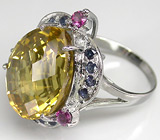 Оригинальное кольцо с золотистым цитрином, родолитами и сапфирами Серебро 925