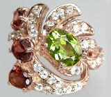 Изысканное кольцо с перидотом, гранатами и топазами Серебро 925