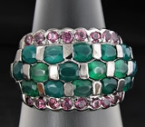 Эффектное кольцо с зелеными агатами и родолитами Серебро 925