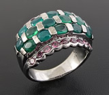 Эффектное кольцо с зелеными агатами и родолитами Серебро 925