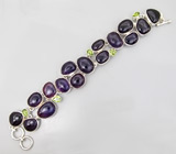 Браслет со сливовыми аметистами и перидотами Серебро 925