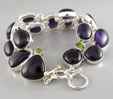 Браслет со сливовыми аметистами и перидотами Серебро 925