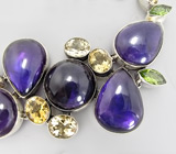 Браслет с крупными сливовыми аметистами, цитринами и перидотами Серебро 925