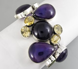 Браслет с крупными сливовыми аметистами, цитринами и перидотами Серебро 925