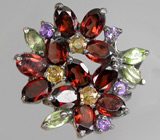 Яркое кольцо с гранатами, перидотами, аметистами и сапфирами Серебро 925