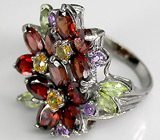 Яркое кольцо с гранатами, перидотами, аметистами и сапфирами Серебро 925