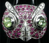 Кольцо "Сова" с кабошонами перидотов и сапфирами Серебро 925