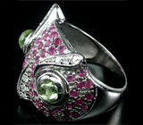 Кольцо "Сова" с кабошонами перидотов и сапфирами Серебро 925