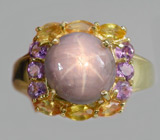Кольцо со звездчатым, золотистыми сапфирами, и аметистами Серебро 925