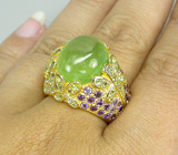 Превосходное кольцо с яблочным пренитом, аметистами, перидотами и топазами Серебро 925