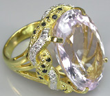 Массивное кольцо с крупным розовым аметистом, сапфирами и бесцветными топазами Серебро 925