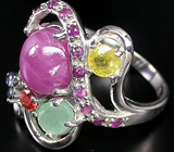 Кольцо с разноцветными сапфирами и изумрудом Серебро 925