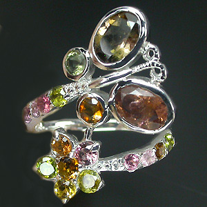 Оригинальное кольцо с разноцветными турмалинами