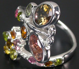 Оригинальное кольцо с разноцветными турмалинами Серебро 925