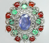 Кольцо с сапфиром, изумрудами и корнелианами Серебро 925
