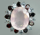 Великолепное кольцо с розовым кварцем, гранатами и топазами Серебро 925