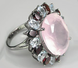 Великолепное кольцо с розовым кварцем, гранатами и топазами Серебро 925